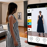 **A person virtually trying on a dress in their living room, using augmented reality. Show the gamification aspect, like points accumulating on the screen, and a virtual stylist avatar giving advice. The scene should be modern and stylish, appealing to Italian fashion sensibilities.**