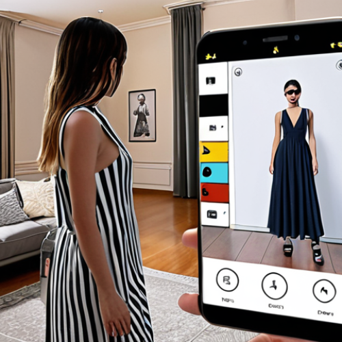 Home 11 **A person virtually trying on a dress in their living room, using augmented reality. Show the gamification aspect, like points accumulating on the screen, and a virtual stylist avatar giving advice. The scene should be modern and stylish, appealing to Italian fashion sensibilities.**