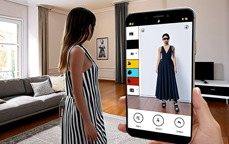 **A person virtually trying on a dress in their living room, using augmented reality. Show the gamification aspect, like points accumulating on the screen, and a virtual stylist avatar giving advice. The scene should be modern and stylish, appealing to Italian fashion sensibilities.**