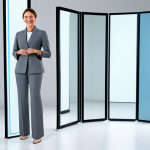 A professional woman, mid-30s, standing confidently in front of a large, interactive virtual fitting screen in a bright, modern retail showroom. She is wearing a modest, stylish pantsuit in a professional grey color. On the screen, her digital avatar perfectly mirrors her posture and appears flawlessly dressed in a vibrant, complementary professional dress. The woman has a subtly pleased and confident expression, showcasing the seamless integration of technology and personal style. The environment is minimalist and high-tech. safe for work, appropriate content, fully clothed, professional, modest clothing, perfect anatomy, correct proportions, natural pose, well-formed hands, proper finger count, natural body proportions, professional photography, high quality.