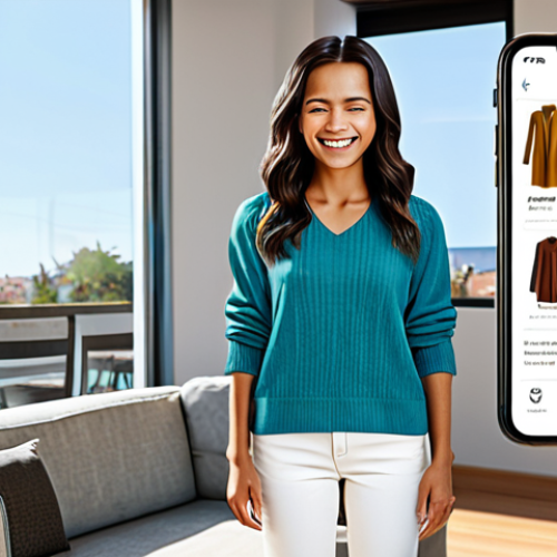 Home 29 **
"A woman smiling and looking at a tablet displaying a virtual fitting application. She is in a brightly lit, modern living room, fully clothed in casual, stylish attire. The virtual fitting app shows her avatar wearing different outfits. Background includes comfortable furniture and a glimpse of a sunny balcony. Safe for work, appropriate content, professional, modest, perfect anatomy, correct proportions, well-formed hands, proper finger count, natural body proportions, high quality rendering."
**