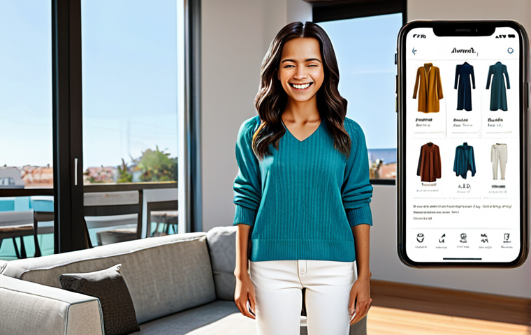 **
"A woman smiling and looking at a tablet displaying a virtual fitting application. She is in a brightly lit, modern living room, fully clothed in casual, stylish attire. The virtual fitting app shows her avatar wearing different outfits. Background includes comfortable furniture and a glimpse of a sunny balcony. Safe for work, appropriate content, professional, modest, perfect anatomy, correct proportions, well-formed hands, proper finger count, natural body proportions, high quality rendering."
**