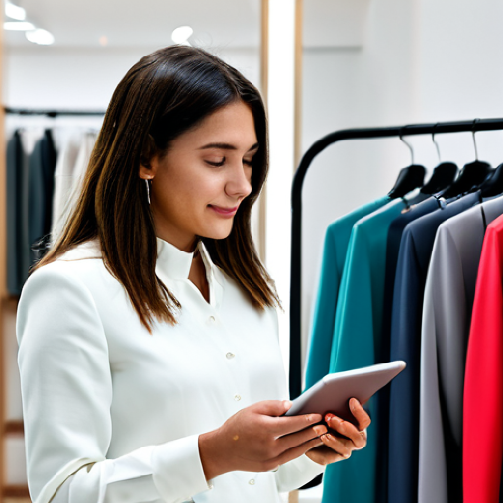 **
"A woman in her late 20s, professional stylist, stands in a brightly lit Milan boutique, fully clothed in a stylish but modest business casual outfit. She is demonstrating a virtual fitting application on a tablet to a client, showcasing a new dress. The background includes racks of clothes and blurred shoppers. Safe for work, appropriate content, perfect anatomy, correct proportions, natural pose, well-formed hands, proper finger count, natural body proportions, professional, high quality."
**