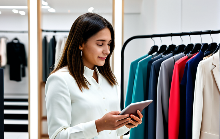 **
"A woman in her late 20s, professional stylist, stands in a brightly lit Milan boutique, fully clothed in a stylish but modest business casual outfit. She is demonstrating a virtual fitting application on a tablet to a client, showcasing a new dress. The background includes racks of clothes and blurred shoppers. Safe for work, appropriate content, perfect anatomy, correct proportions, natural pose, well-formed hands, proper finger count, natural body proportions, professional, high quality."
**