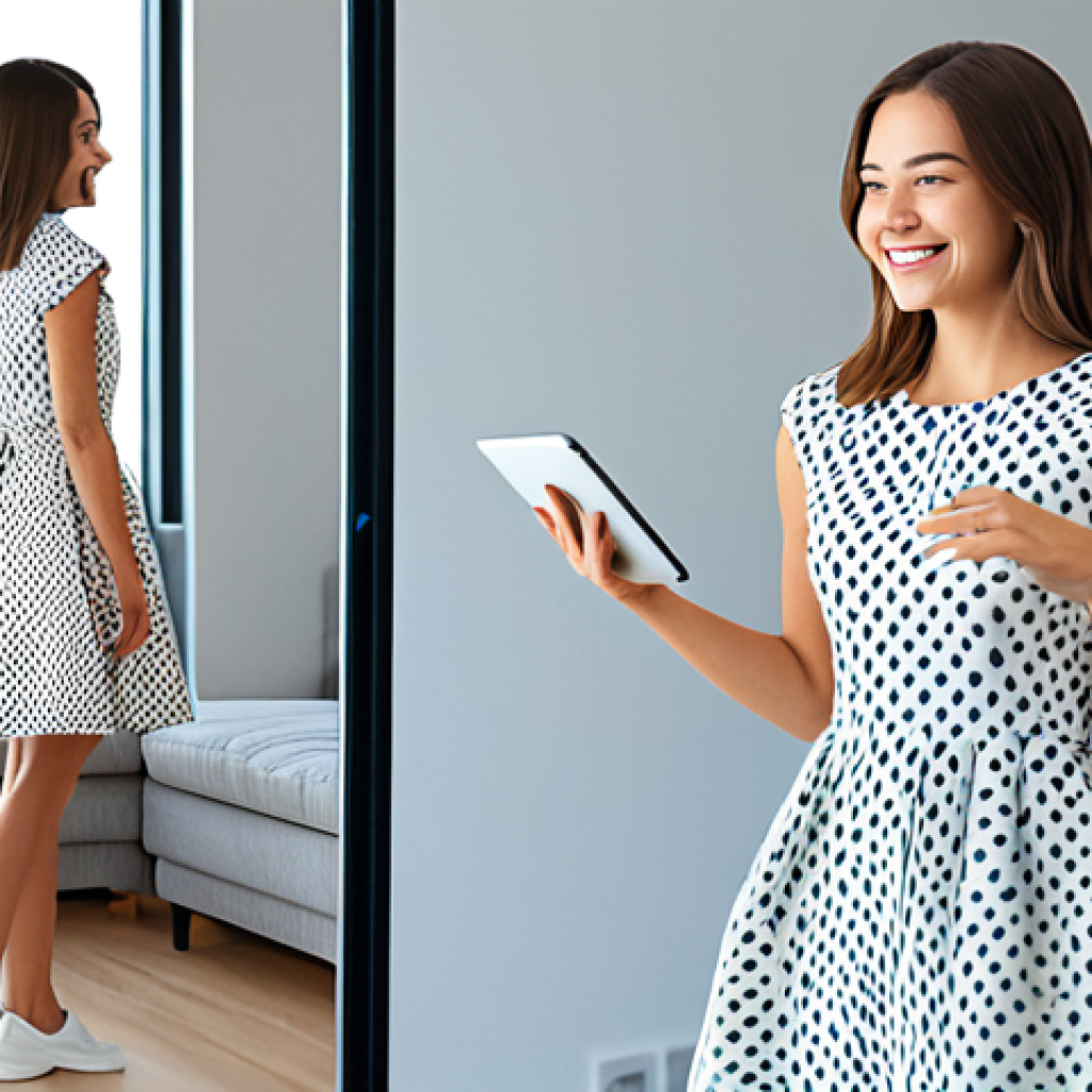 Virtual Try-On with AI**
"A young woman smiling as she uses a tablet to virtually try on a stylish, modest dress. The screen displays her image with the dress superimposed, showcasing how the AI analyzes her body shape for a perfect fit. Modern apartment background, daytime. Perfect anatomy, correct proportions, natural pose, well-formed hands, proper finger count, natural body proportions, professional illustration, high quality, fully clothed, appropriate attire, safe for work, family-friendly."
**