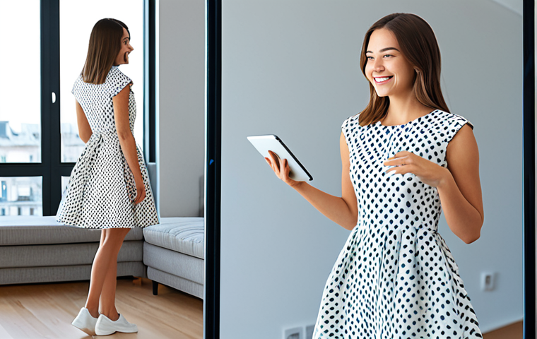 Virtual Try-On with AI**

"A young woman smiling as she uses a tablet to virtually try on a stylish, modest dress. The screen displays her image with the dress superimposed, showcasing how the AI analyzes her body shape for a perfect fit. Modern apartment background, daytime. Perfect anatomy, correct proportions, natural pose, well-formed hands, proper finger count, natural body proportions, professional illustration, high quality, fully clothed, appropriate attire, safe for work, family-friendly."

**