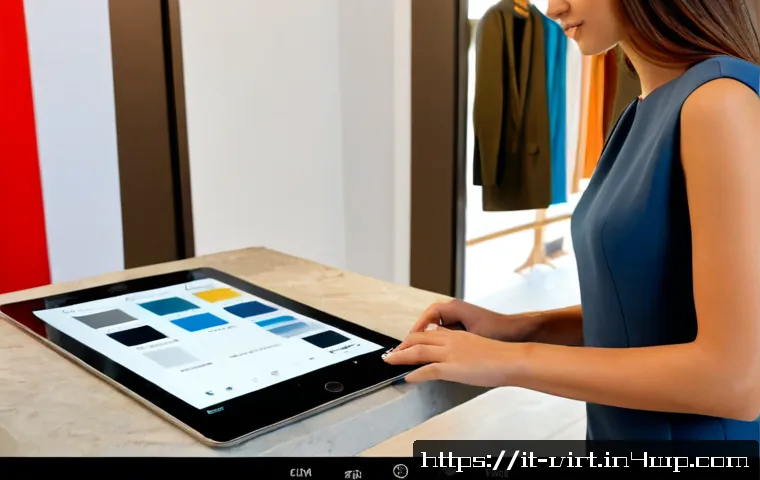 가상 피팅 서비스의 인터페이스 구성 요소 - Photorealistic close-up of an elegant Italian woman using a virtual fitting service on a modern tabl...