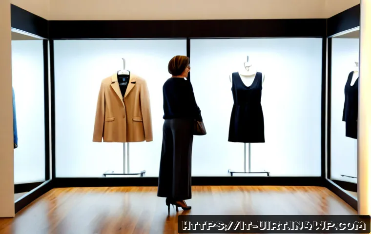 Home 16 가상 피팅 서비스와 체형 분석 기술 - Photorealistic modern fashion boutique in Milan, an Italian woman in her 40s wearing modest casual c...